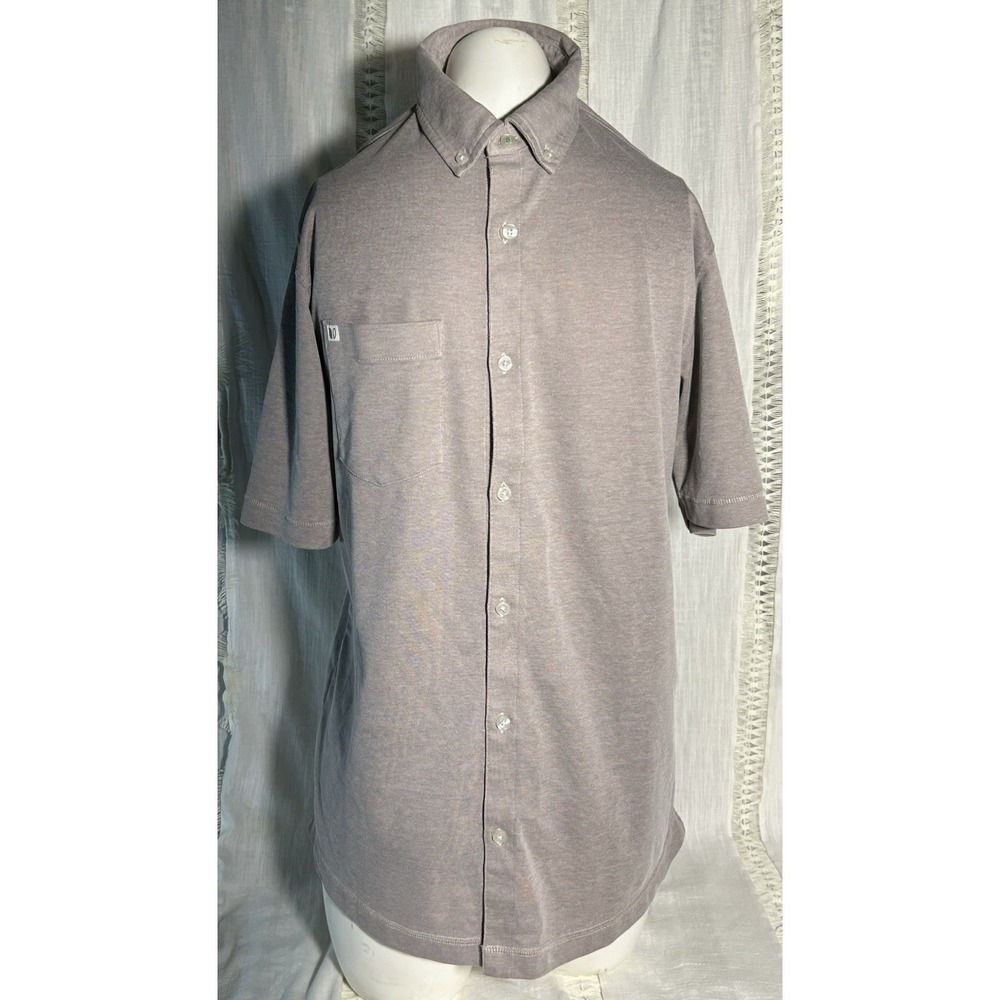 LINKSOUL Men's Gray Cotton Knit Button-Down Short Sleeve Solid Shirt M Pockets